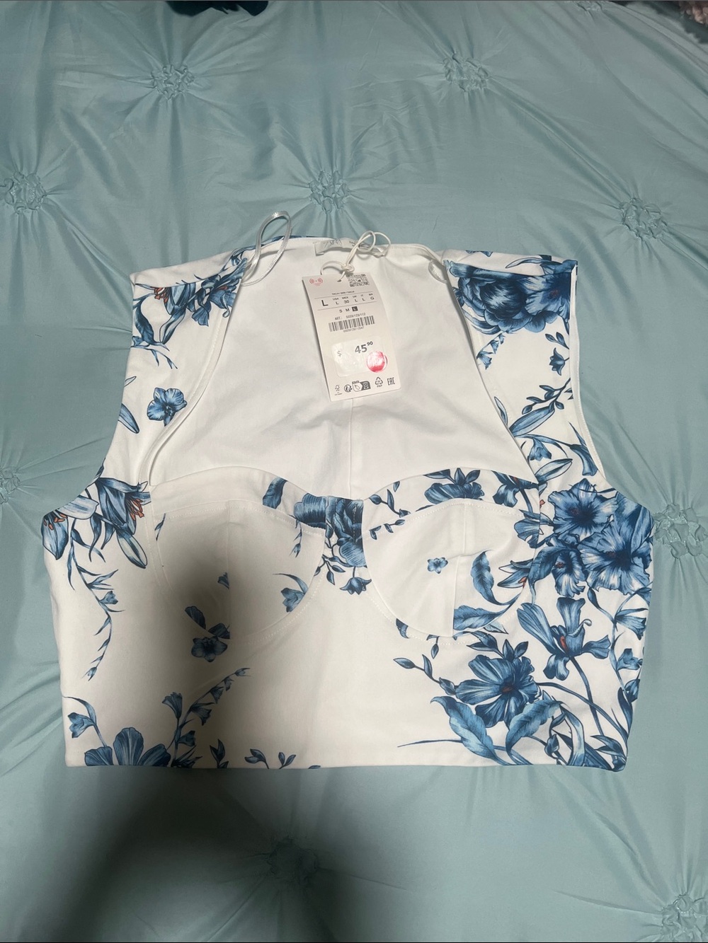 Zara White Crop Top with Blue Floral Print and Wide Straps